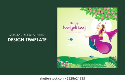 Vector illustration of Happy Haryali Teej social media story feed mockup template, written hindi text means hariyali teej