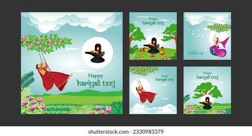 Vector illustration of Happy Haryali Teej social media story feed mockup template, written hindi text means hariyali teej