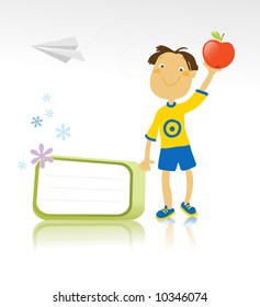 vector illustration of a happy healthy boy holding a red apple