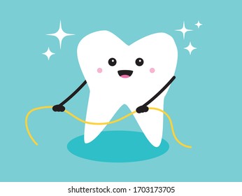 A vector illustration of a happy, healthy smiling tooth dancing and flossing