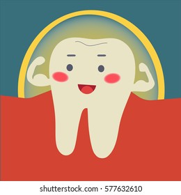 Vector illustration.
Happy healthy and strong tooth. Cute character. Caries prevention.
