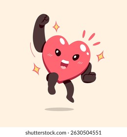 Vector illustration of a happy heart character jumping with joy. Cute cartoon heart with smiling face, raised fists, and energetic pose.