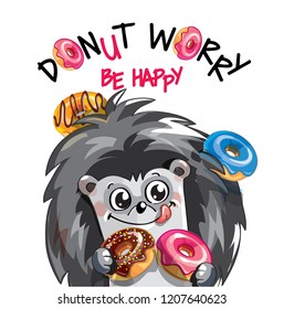 Vector illustration of happy hedgehog with donuts