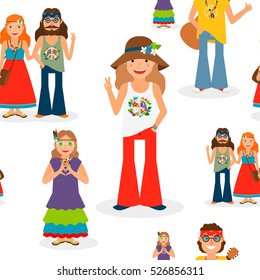 Vector illustration with happy hippie people seamless pattern.