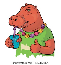 vector illustration of happy hippo drinks cold drinks. This vector illustration can be used as a print on T-shirts