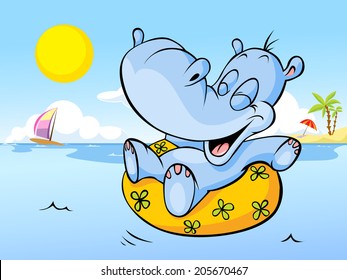 vector illustration of happy hippo swim in sea - holiday greeting