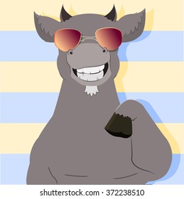 Vector illustration with a happy hipster like goat giving a five