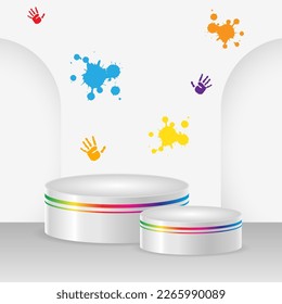 Vector illustration of Happy Holi 3D luxury podium background mockup template