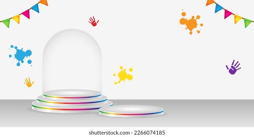 Vector illustration of Happy Holi 3D luxury podium background mockup template