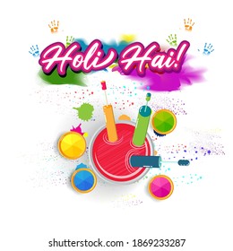 Vector illustration of Happy Holi greeting, written text means It's Holi, Festival of Colors, festival elements with colorful background 