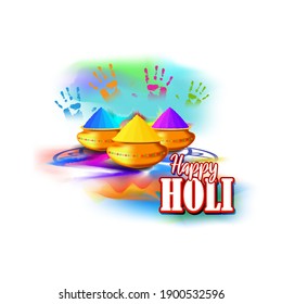 Ilustración vectorial del saludo de Happy Holi, texto escrito significa It's Holi, Festival de Colores, elementos del festival con fondo colorido 