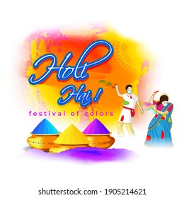 Vector illustration of Happy Holi greeting, written text means it's Holi, Festival of Colors, festival elements with colorful Hindu festive background