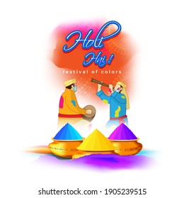 Vector illustration of Happy Holi greeting, written means it's Holi, Festival of Colors, festival elements with colorful Hindu festive background