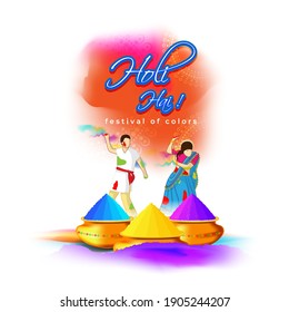 Vector illustration of Happy Holi greeting, written means it's Holi, Festival of Colors, festival elements with colorful Hindu festive background