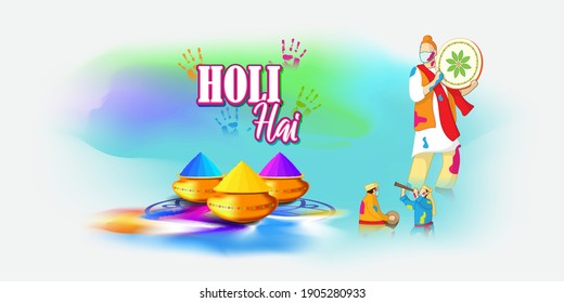 Vector illustration of Happy Holi greeting, written text means it's Holi, Festival of Colors, festival elements with colorful Hindu festive background