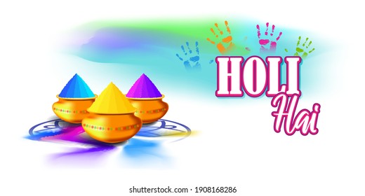 Vector illustration of Happy Holi greeting, written text means it's Holi, Festival of Colors, festival elements with colorful Hindu festive background
