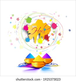 Vector illustration of Happy Holi greeting, written Hindi text means It's Holi Festival of Colors, festival elements with colorful background 