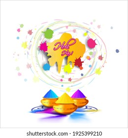 Vector illustration of Happy Holi greeting, written Hindi text means It's Holi Festival of Colors, festival elements with colorful background 