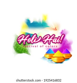 Vector illustration of Happy Holi greeting, written Hindi text means It's Holi Festival of Colors, festival elements with colorful background 