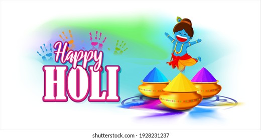Vector illustration of Happy Holi greeting, written Hindi text means It's Holi Festival of Colors, festival elements with colorful background 