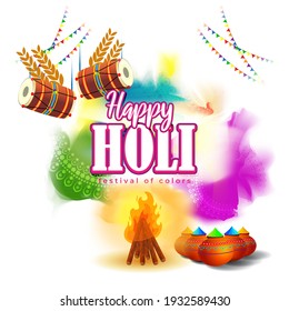 Vector illustration of Happy Holi greeting, written Hindi text means It's Holi Festival of Colors, festival elements with colorful background 