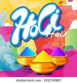 Vector illustration of Happy Holi greeting, written Hindi text means It's Holi Festival of Colors, festival elements with colorful background 