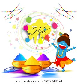 Vector illustration of Happy Holi greeting, written Hindi text means It's Holi Festival of Colors, festival elements with colorful background 