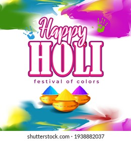 Vector illustration of Happy Holi greeting, written Hindi text means It's Holi Festival of Colors, festival elements with colorful background 