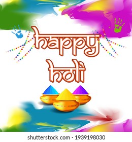 Vector illustration of Happy Holi greeting, written Hindi text means It's Holi Festival of Colors, festival elements with colorful background 