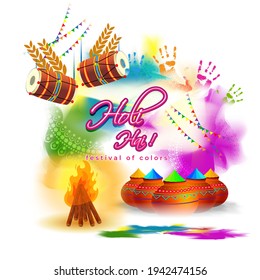 Vector illustration of Happy Holi greeting, written Hindi text means It's Holi Festival of Colors, festival elements with colorful background