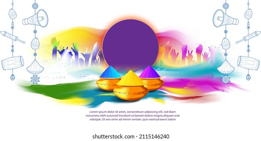Vector illustration of Happy Holi greeting, written Hindi text means it's Holi, Festival of Colors, festival elements with colorful Hindu festive background