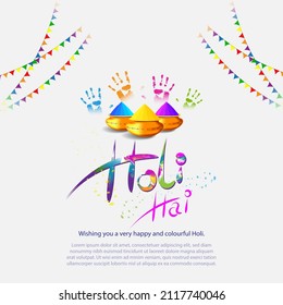 Vector illustration of Happy Holi greeting, written Hindi text means It's Holi Festival of Colors, festival elements with colorful background 