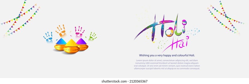 Vector illustration of Happy Holi greeting, written Hindi text means It's Holi Festival of Colors, festival elements with colorful background 