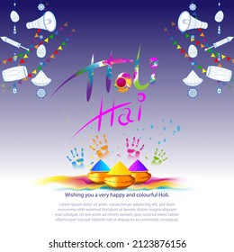 Vector illustration of Happy Holi greeting, written Hindi text means It's Holi Festival of Colors, festival elements with colorful background 