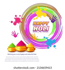Vector illustration of Happy Holi greeting, written Hindi text means It's Holi Festival of Colors, festival elements with colorful background 