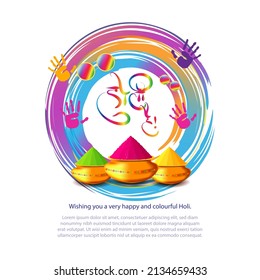Imagen vectorial del saludo de Happy Holi, el texto escrito en hindi significa que es Holi, 