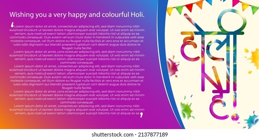 Vector illustration of Happy Holi greeting, written Hindi text means It's Holi Festival of Colors, festival elements with colorful background 