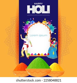 Vector illustration of Happy Holi greeting, written Hindi text means It's Holi Festival of Colors, festival elements with colorful background 
