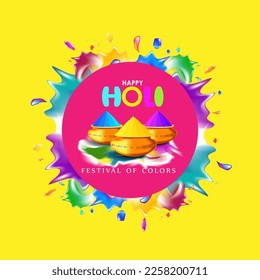 Vector illustration of Happy Holi greeting, written Hindi text means It's Holi Festival of Colors, festival elements with colorful background 