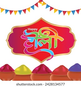 Vector illustration of Happy Holi greeting, written Hindi text means It's Holi Festival of Colors, festival elements with colorful background