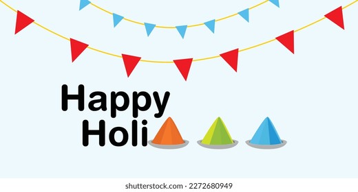 Vektorgrafik von Happy holi, Feiertag in indischen Farben, schwarzer Text einzeln auf hellblauem Hintergrund mit bunter Dekoration 
