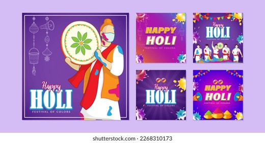 Vektorgrafik von Happy Holi Sale Social-Media-Story-Feed-Set-Mockup-Vorlage