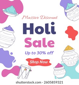 Vector illustration of Happy Holi Sale social media template. Massive Discount. 30% off. Vector. Illustration. Up to 30% off. Holi Sale Banner.