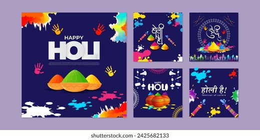 Vector illustration of Happy Holi social media feed template written hindi text means its holi 