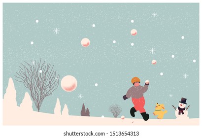 Vector illustration of happy holiday in Christmas day.Pastel retro color tone of  winter snow fir ground, snow fall and kid with dog playing snowball outside the house.Concept of happy winter holiday 