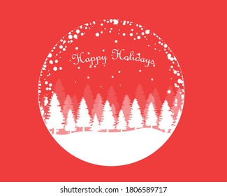 vector illustration of happy holidays text with snow and pine forest in a crystal ball design