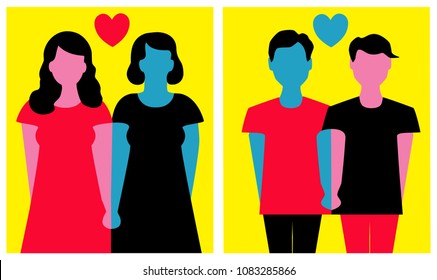 Vector illustration of happy homosexual men and women couples.