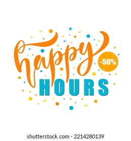 Vector illustration of Happy Hours text for shop, services, banner, flyer, poster, promotion, discount, store, clickbait, sale, holiday. Happy Hours lettering banner. EPS 10.