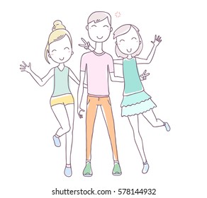 Vector illustration of happy hugging posing boy and girls in summer clothes on white background. Hand drawn flat line art style color young people for t-shirt print, web, site, greeting card, poster