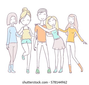 Vector illustration of happy hugging posing people group. Boy and girls in summer clothes. Hand drawn flat line art style retro color young people for t-shirt print, web, site, greeting card